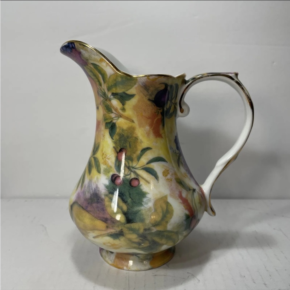 Vintage Royal Danube Fruity Pitcher With Gold Trim Cherries Pears Grapes 6”.